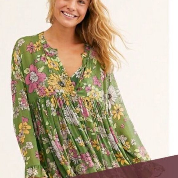 Free People "Everything and More" Green 2 piece floral shift dress/tunic L - Picture 2 of 9